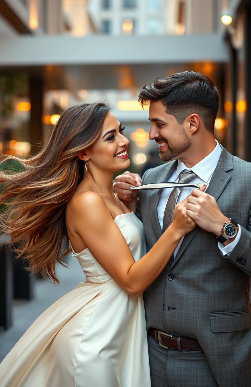 A stunningly beautiful woman in her 20s with long, flowing hair, wearing a stylish, elegant dress, playfully pulling a handsome man, aged 25, by the tie