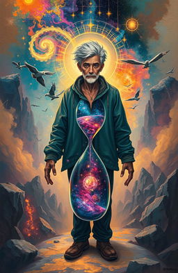 Aetherion, the supreme being of the omniverse, depicted as a seemingly ordinary human exploring the world