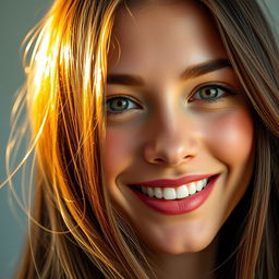 A close-up portrait of a beautiful young woman with long flowing hair, vibrant and bright colors, and captivating eyes that sparkle with life