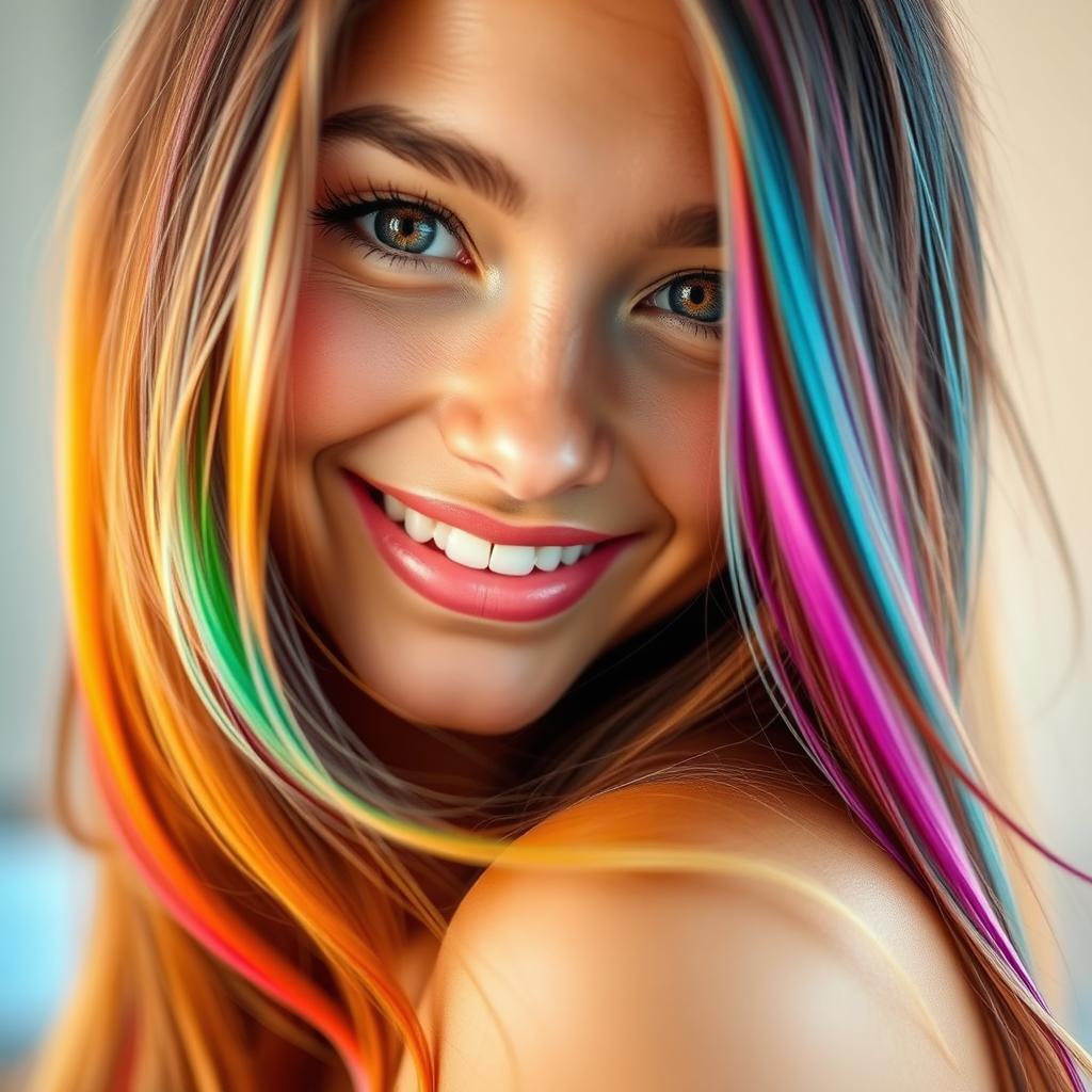 A close-up portrait of a beautiful young woman with long flowing hair, vibrant and bright colors, and captivating eyes that sparkle with life