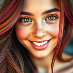 A close-up portrait of a beautiful young woman with long flowing hair, vibrant and bright colors, and captivating eyes that sparkle with life