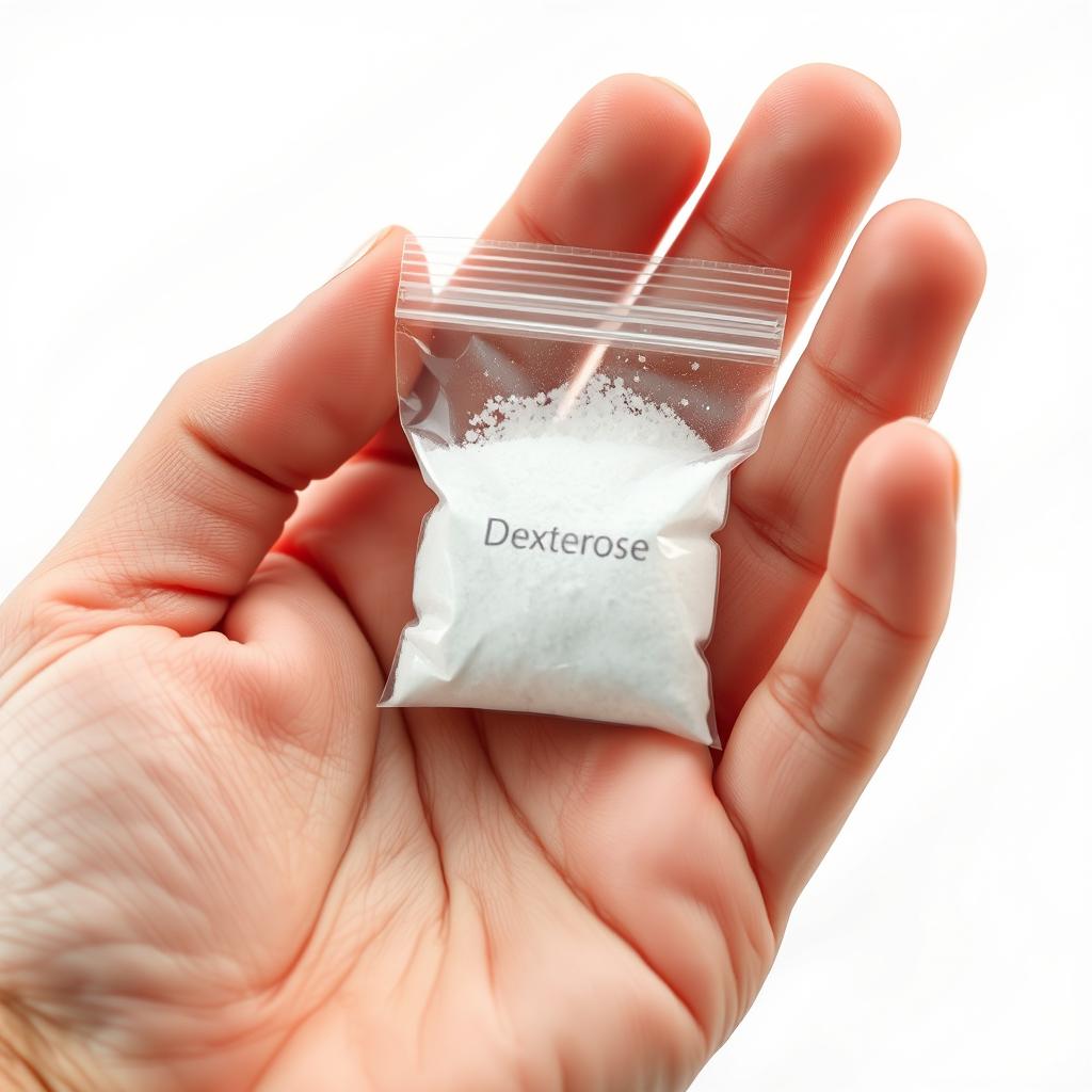 A close-up image of a human hand gently holding a small, transparent bag of dextrose powder, the crystals sparkling under soft, diffused lighting