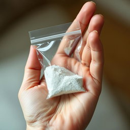 A close-up image of a human hand gently holding a small, transparent bag of dextrose powder, the crystals sparkling under soft, diffused lighting