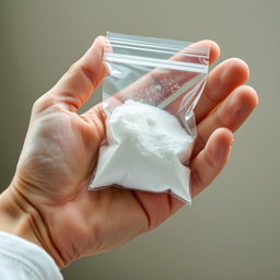 A close-up image of a human hand gently holding a small, transparent bag of dextrose powder, the crystals sparkling under soft, diffused lighting