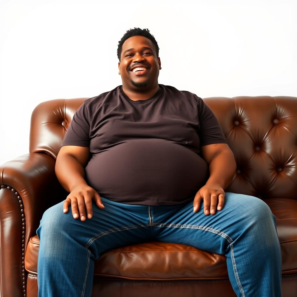 A portrait of a fat Ethiopian man sitting comfortably on a luxurious leather sofa