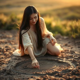 A woman with long black hair, gracefully kneeling on the ground, drawing intricate patterns in the mud with her finger