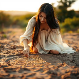 A woman with long black hair, gracefully kneeling on the ground, drawing intricate patterns in the mud with her finger