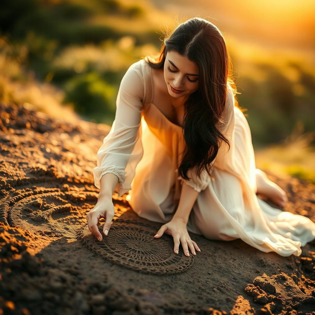A woman with long black hair, gracefully kneeling on the ground, drawing intricate patterns in the mud with her finger