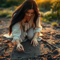 A woman with long black hair, gracefully kneeling on the ground, drawing intricate patterns in the mud with her finger