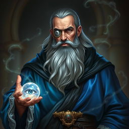 A human wizard with an air of stoicism and wisdom, showcasing a metal patch over his eye, a testament to his sacrifice in becoming a diviner