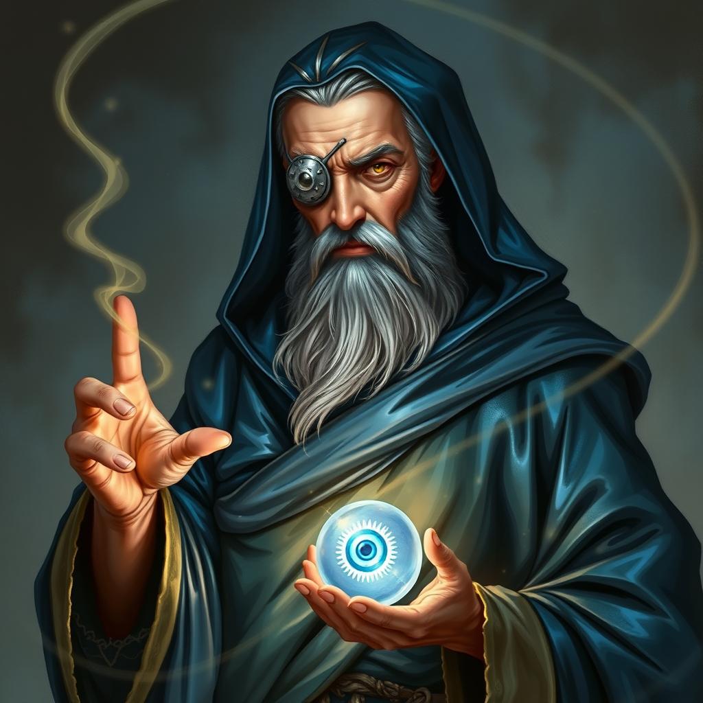 A human wizard with an air of stoicism and wisdom, showcasing a metal patch over his eye, a testament to his sacrifice in becoming a diviner