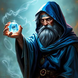 A human wizard with an air of stoicism and wisdom, showcasing a metal patch over his eye, a testament to his sacrifice in becoming a diviner