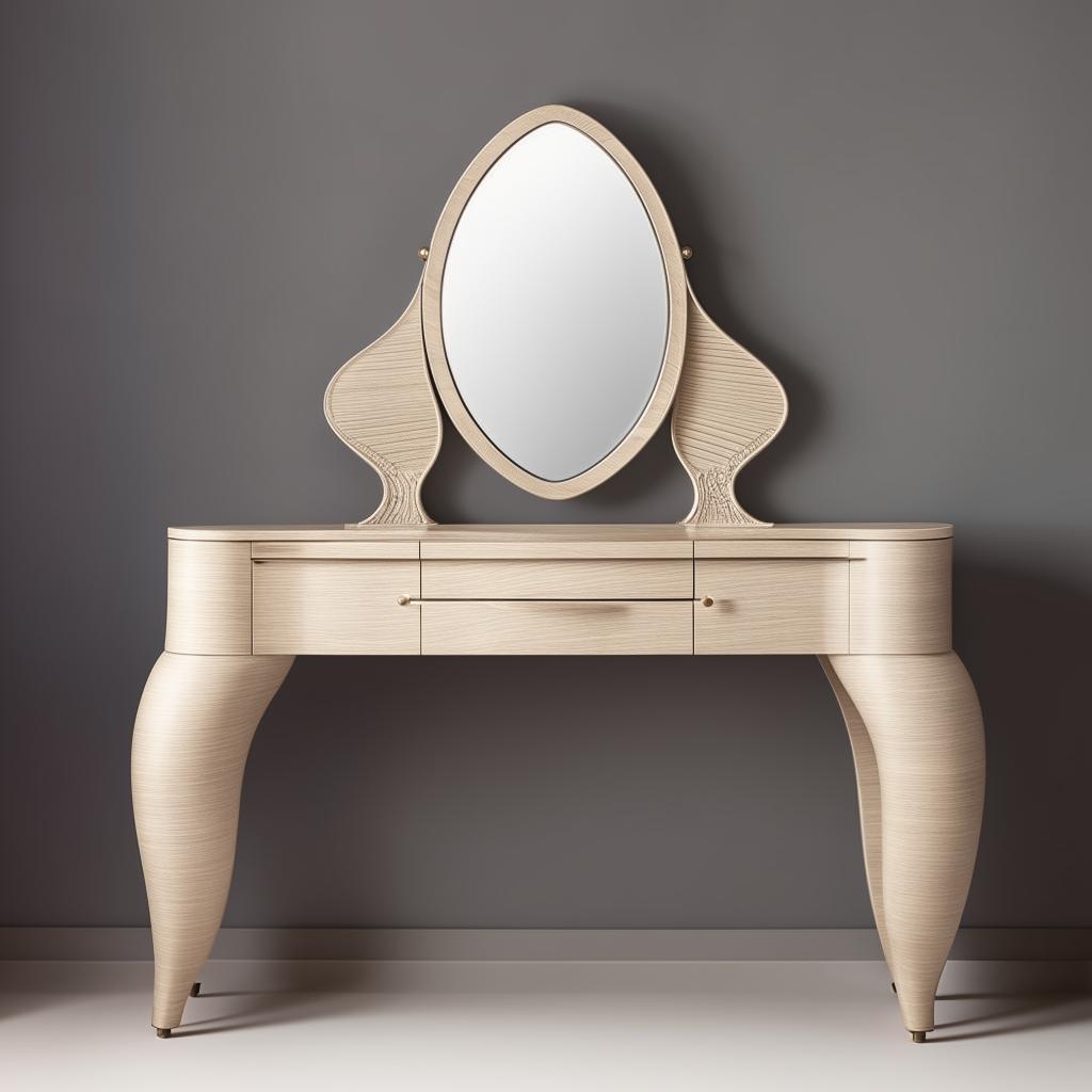 An elegant dressing table design with a curvilinear structure, blending functionality with a stylish aesthetic.