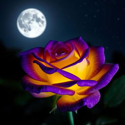 A beautiful violet rose with intense yellow highlights, set against a nighttime backdrop under a full moon