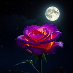 A beautiful violet rose with intense yellow highlights, set against a nighttime backdrop under a full moon