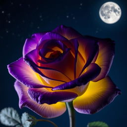 A beautiful violet rose with intense yellow highlights, set against a nighttime backdrop under a full moon