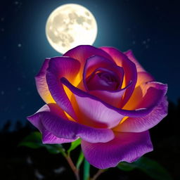 A beautiful violet rose with intense yellow highlights, set against a nighttime backdrop under a full moon