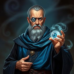 A human wizard with a stoic and knowledgeable demeanor, depicted without a beard or mustache, showcasing a clean-shaven face with minimal wrinkles