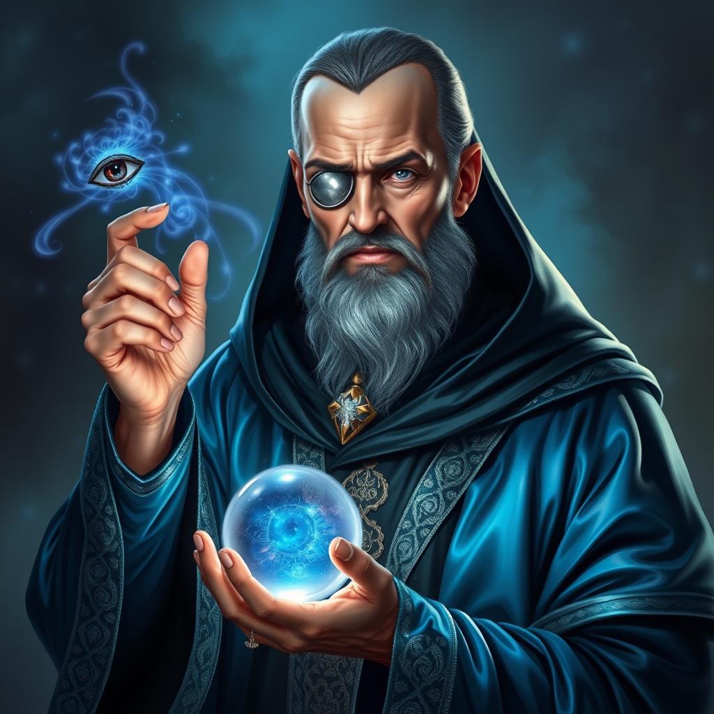 A human wizard with a stoic and knowledgeable demeanor, depicted without a beard or mustache, showcasing a clean-shaven face with minimal wrinkles