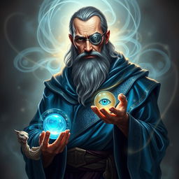 A human wizard with a stoic and knowledgeable demeanor, depicted without a beard or mustache, showcasing a clean-shaven face with minimal wrinkles