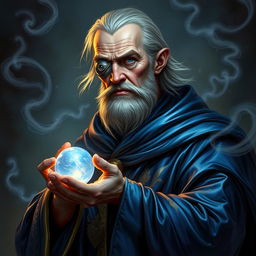 A human wizard with a stoic and knowledgeable demeanor, depicted without a beard or mustache, showcasing a clean-shaven face with minimal wrinkles