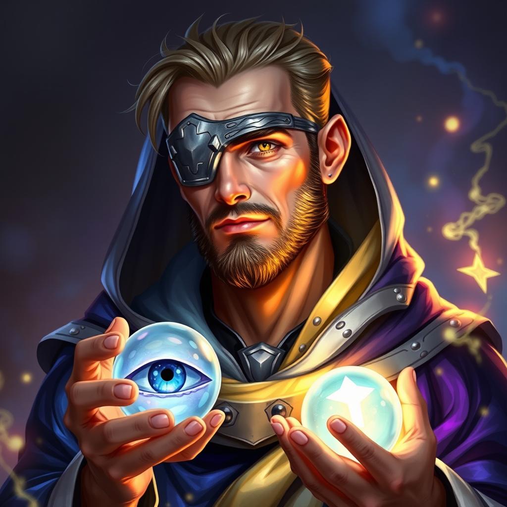 A human wizard exuding an aura of stoicism and deep knowledge, depicted with a metal patch over his eye, symbolizing the price he paid to become a diviner