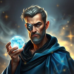 A human wizard exuding an aura of stoicism and deep knowledge, depicted with a metal patch over his eye, symbolizing the price he paid to become a diviner
