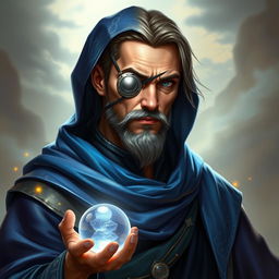 A human wizard exuding an aura of stoicism and deep knowledge, depicted with a metal patch over his eye, symbolizing the price he paid to become a diviner