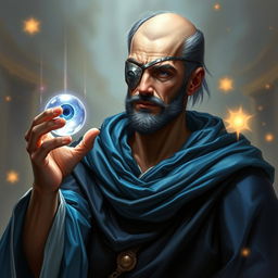 A human wizard exuding an aura of stoicism and deep knowledge, depicted with a metal patch over his eye, symbolizing the price he paid to become a diviner