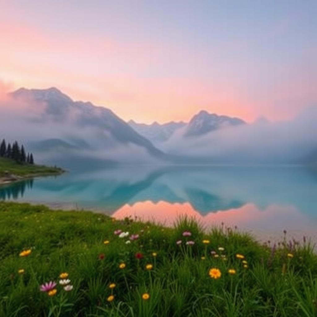 Create an aesthetically pleasing photo featuring a serene mountain landscape at sunrise