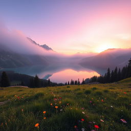 Create an aesthetically pleasing photo featuring a serene mountain landscape at sunrise