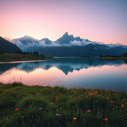 Create an aesthetically pleasing photo featuring a serene mountain landscape at sunrise