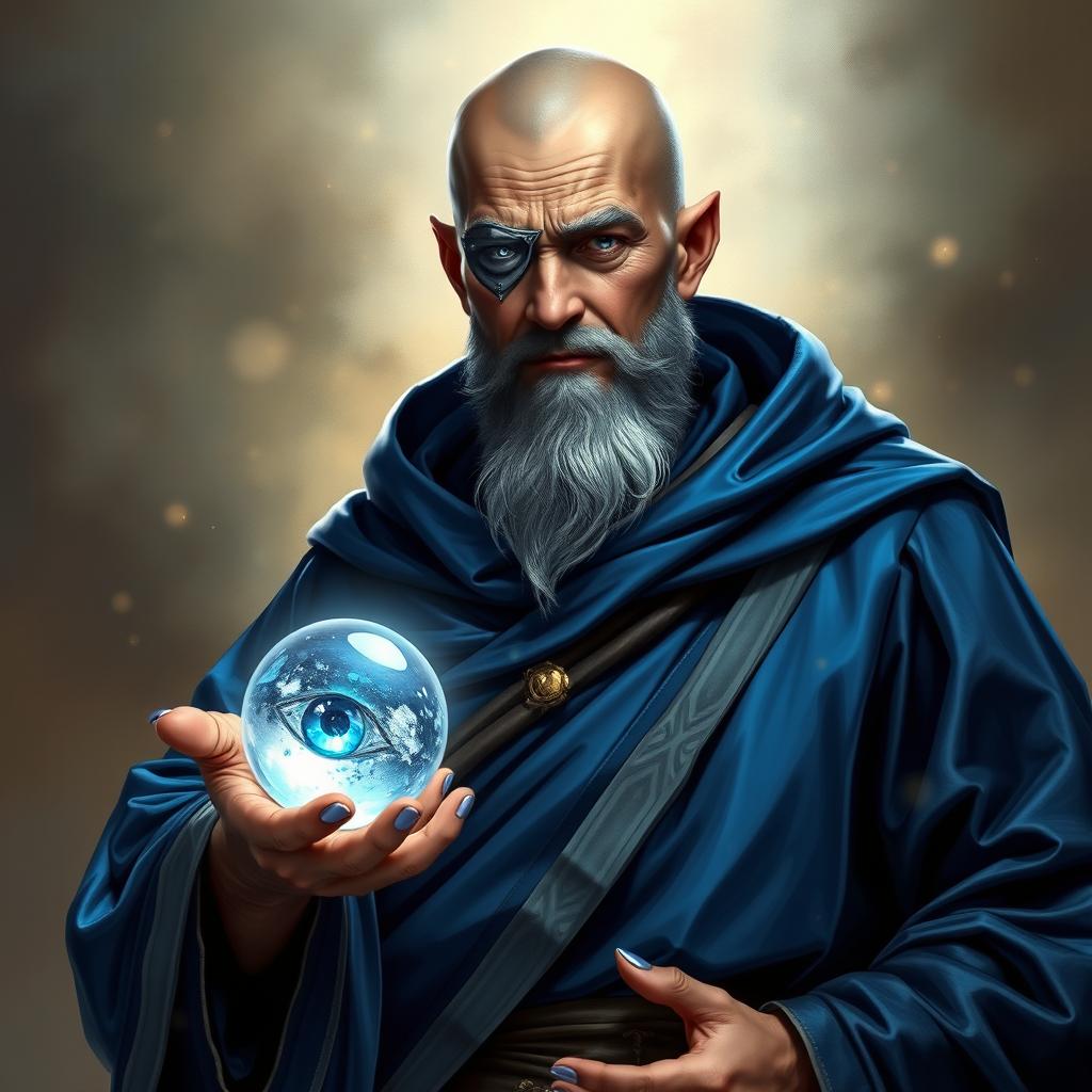 A human wizard with a stoic and knowledgeable appearance, featuring a metal patch over one eye as a mark of his sacrifice to become a diviner