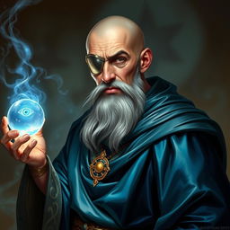 A human wizard with a stoic and knowledgeable appearance, featuring a metal patch over one eye as a mark of his sacrifice to become a diviner