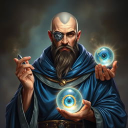 A human wizard with a stoic and knowledgeable appearance, featuring a metal patch over one eye as a mark of his sacrifice to become a diviner