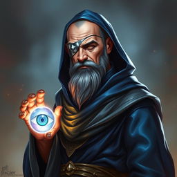 A human wizard with a stoic and knowledgeable appearance, featuring a metal patch over one eye as a mark of his sacrifice to become a diviner