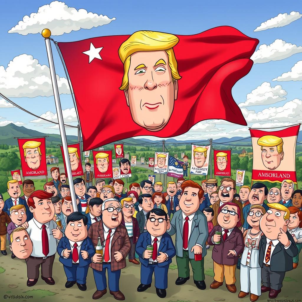 A surreal, whimsical depiction of a fictional country named Amsorland, with the president's face prominently featured on a flag waving in the foreground