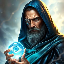 A human wizard exuding an aura of stoicism and knowledge, featuring a metal patch over one eye that signifies his sacrifice to become a diviner