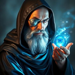 A human wizard exuding an aura of stoicism and knowledge, featuring a metal patch over one eye that signifies his sacrifice to become a diviner