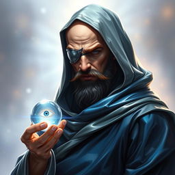 A human wizard exuding an aura of stoicism and knowledge, featuring a metal patch over one eye that signifies his sacrifice to become a diviner