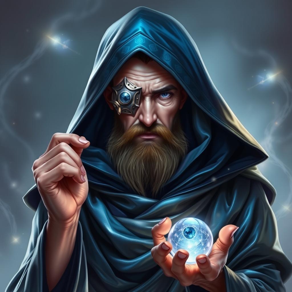 A human wizard exuding an aura of stoicism and knowledge, featuring a metal patch over one eye that signifies his sacrifice to become a diviner