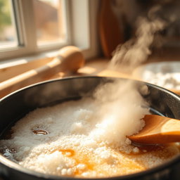 A close-up view of melting sugar in a bright kitchen setting, with sugar granules visibly transitioning to a glossy syrup