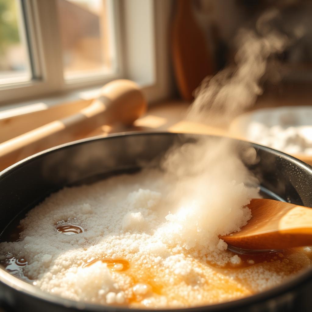 A close-up view of melting sugar in a bright kitchen setting, with sugar granules visibly transitioning to a glossy syrup