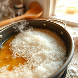 A close-up view of melting sugar in a bright kitchen setting, with sugar granules visibly transitioning to a glossy syrup