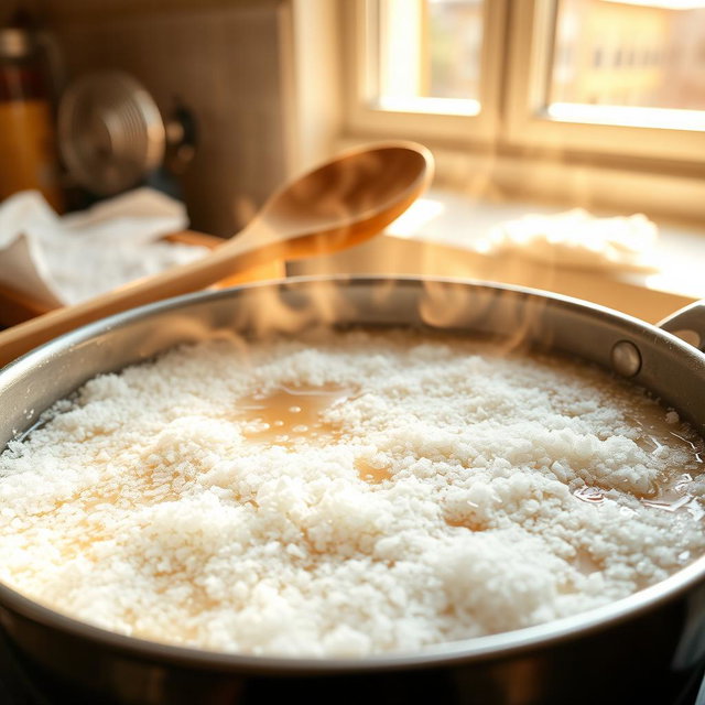 A close-up view of melting sugar in a bright kitchen setting, with sugar granules visibly transitioning to a glossy syrup