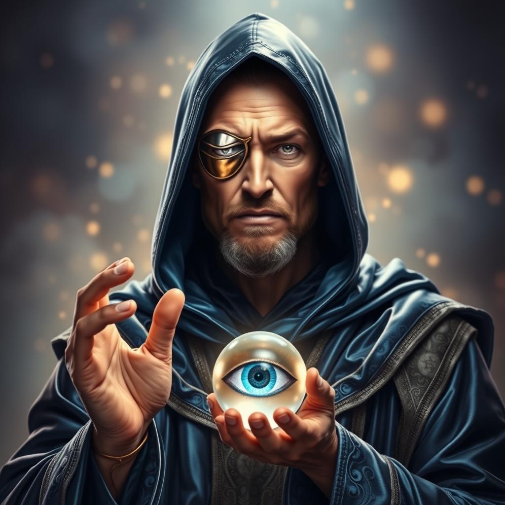 A full bottom portrait of a human wizard radiating stoicism and deep knowledge, characterized by a metal patch covering one eye, signifying the price he paid to attain the diviner's power