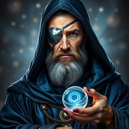 A full bottom portrait of a human wizard radiating stoicism and deep knowledge, characterized by a metal patch covering one eye, signifying the price he paid to attain the diviner's power