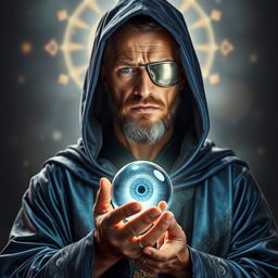 A full bottom portrait of a human wizard radiating stoicism and deep knowledge, characterized by a metal patch covering one eye, signifying the price he paid to attain the diviner's power