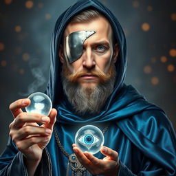 A full bottom portrait of a human wizard radiating stoicism and deep knowledge, characterized by a metal patch covering one eye, signifying the price he paid to attain the diviner's power