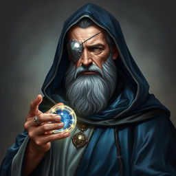 A full body portrait of a human wizard, characterized by a stoic and knowledgeable demeanor